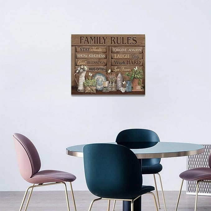Country Family Rules Wall Art Farmhouse Inspiration Wall Decor Rustic Flower Home Sign Pictures Canvas Painting Artwork Home Decorations For Living Room Bedroom Bathroom Office 20"x16"
