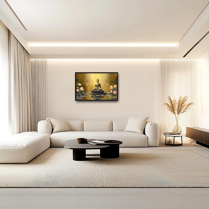 Buddha Large Wall Art Golden Buddhist Pictures Wall Decor Zen Lotus Big Canvas Painting Prints Framed Artwork Home Decorations Above Bed for Bedroom Living Room Dining Room Bathroom 36"x24"