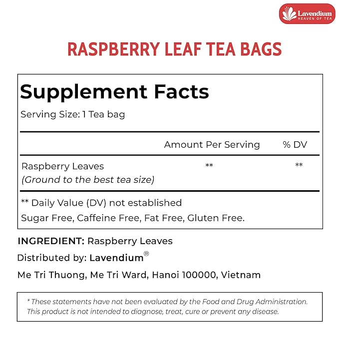 Lavendium Premium Raspberry Leaf Tea - 120 Tea Bags, 100% Natural & Pure Raspberry Leaves. Loose Leaf Herbal Tea. No Sugar, No Caffeine, No Gluten, Vegan