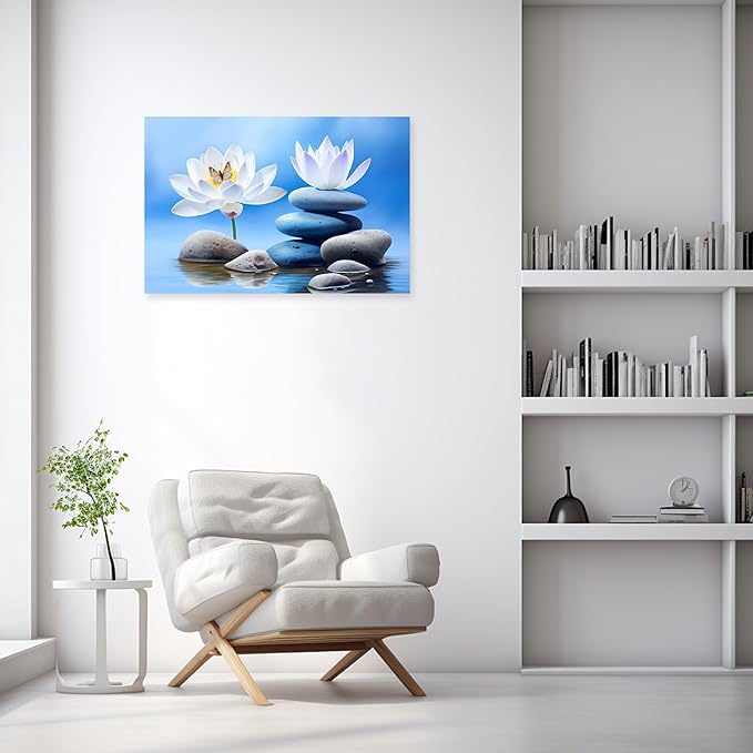 ARTZGX Zen Canvas Wall Art for Bathroom Lotus Pictures Blue Spa Stone Painting Butterfly Flower Artwork for Yoga Decor Frame(Zen - B 24.00" x 36.00")