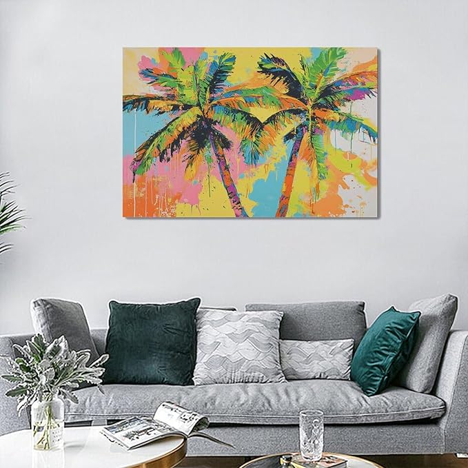 Olivine Tropical Wall Art, Palm Tree Pictures Wall Decor, Graffiti Painting, Colorful Summer Canvas Prints, Framed Artwork for Bathroom Living Room Bedroom Office Home Decoration 24"x16"