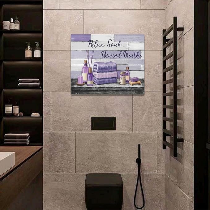 Farmhouse Bathroom Wall Art Relax Soak Unwind Breathe Wall Decor Rustic Bathroom Pictures Canvas Painting Framed Artwork Purple Country Home Decorations for Toilet Lavatory 20"x16"
