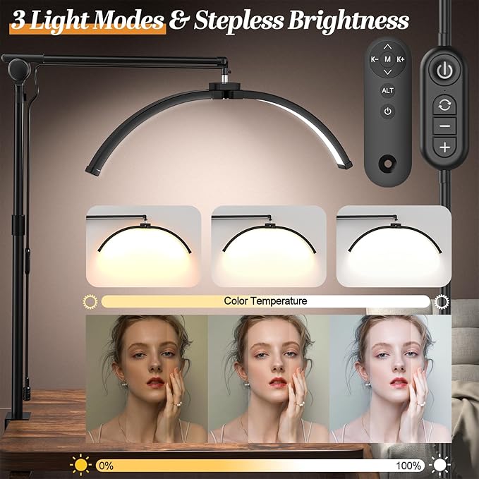 Esthetician Light, 3-Color Dimmable Lash Lamp, 308 LED Beads Shadowless Half Moon Light, Lash Foldable Floor Lamp with 360° Rotation for Beauty, Tattoo, Spotlight, Reading