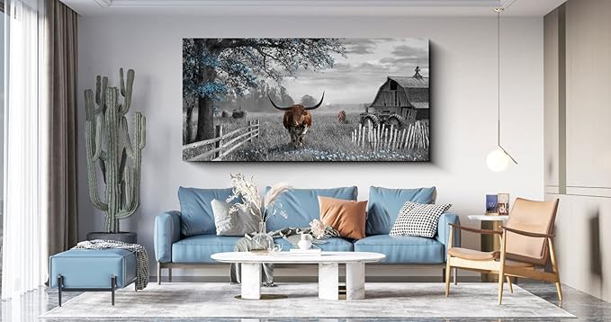 Yiijeah Large Country Wall Art - Brown Cow Blue Tree Pictures Farmhouse Wall Decorations for Living Room Rustic Wall Decor Above Bed