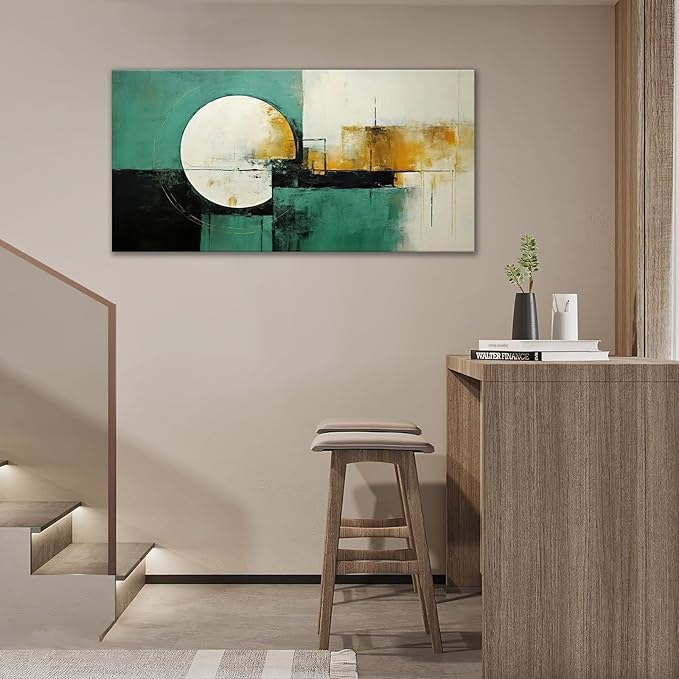 Abstract Wall Art Large Canvas Prints Abstract Moon Picture Wall Decor Black White Teal Graffiti Modern Framed Artwork Home Decorations for Living Room Dining Room Bedroom Office 60"x30"