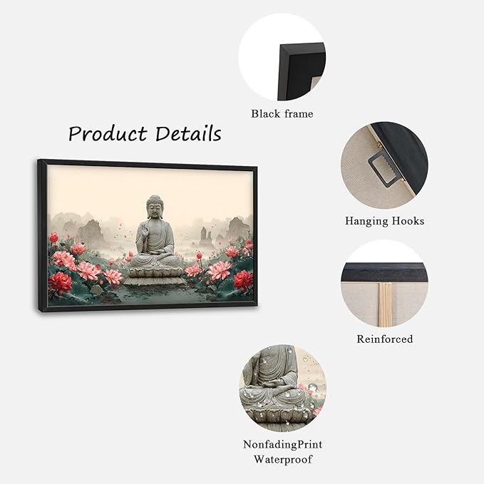 Glocmna Large Buddha Wall Art for Living Room Zen Buddha Lotus Canvas Wall Decor Big Meditation Pictures Painting Print Framed Artwork Decorations Gifts for Bedroom Home Spa Yoga Room Office Hotel 24"x36"