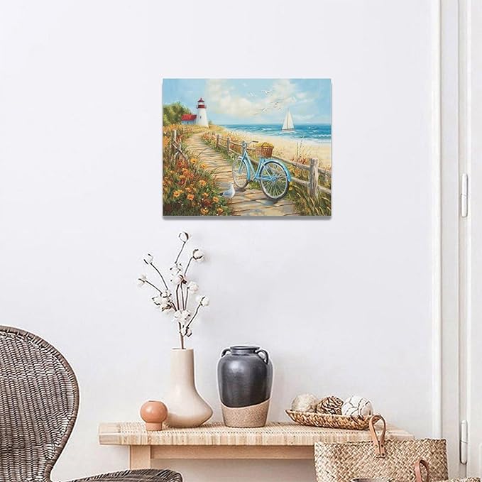 Olivine Coastal Wall Art, Beach Bicycle Pictures Wall Decor, Lighthouse Painting, Ocean Seascape Canvas Prints, Framed Artwork for Living Room Bedroom Bathroom Kitchen Office Home Decoration 20"x16"
