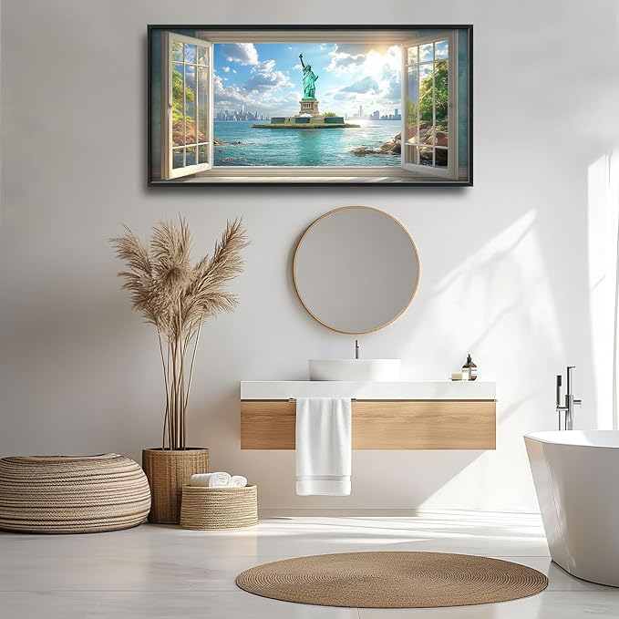 Statue of Liberty Large Wall Art Window Pictures Wall Decor Landmark Canvas Landscape Print Painting Modern Artwork Home Decoration for Living Room Bathroom Bedroom Office Framed 60"x30"