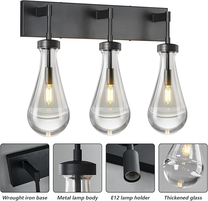 Raindrop Wall Sconces Black Crystal Sconces Wall Decor Modern Brass Lighting Glass Bathroom Sconces Indoor Vanity Light Wall Lamp for Bedroom Living Room Stair(3-Light)