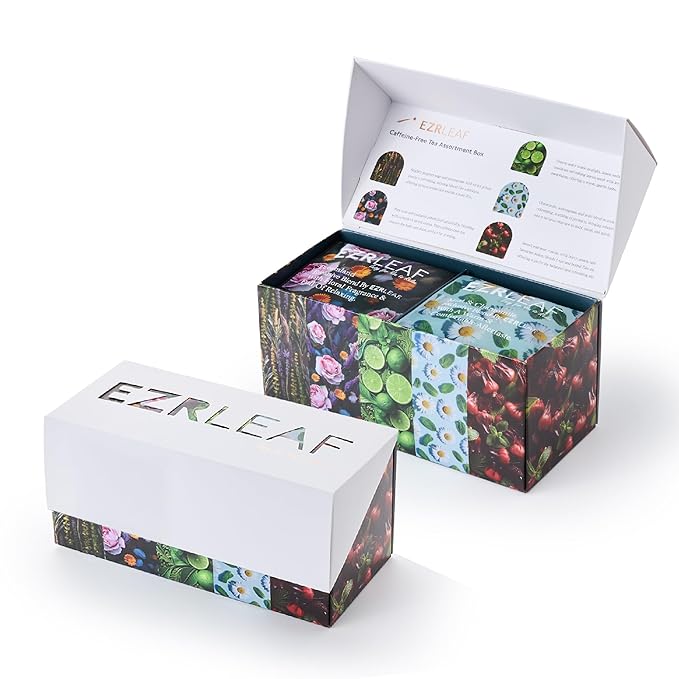 EZR Leaf Decaf Herbal Tea Sampler-22CT Pyramid Bags with Natural Fruit & Floral Blends – Caffeine-Free Assorted Tea Gift Set for Women & Men Blend Lemon Verbena x4, Lemongrass & Herbs x5, Mint & Chamomile x4,Dreamland x5, Roselle x4