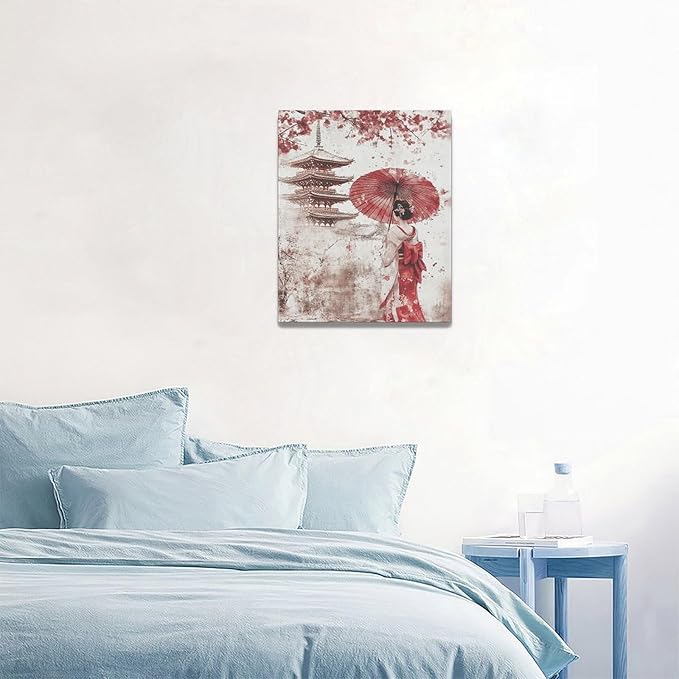 Japan Wall Art Japanese Geisha Wall Decor Cherry Blossoms Farmhouse Japan Pictures Canvas Painting Artwork Home Decorations for Living Room Bedroom Bathroom Office Classroom 16"x20"