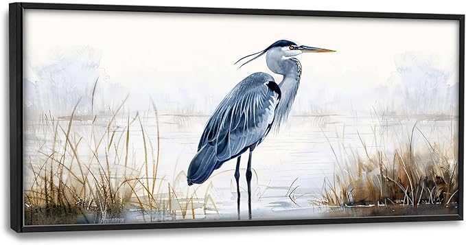 Heron Wall Art Blue Bird Pictures Wall Decor Chinoiserie Coastal Extra Large Canvas Prints Framed Artwork Paintings Home Office Decorations For Living Room Bedroom Dinning Room 60"x30"