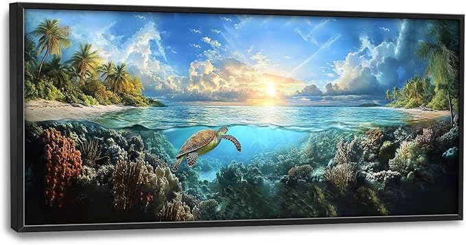 SweetFox Extra Large Ocean Turtle Framed Wall Art for Living Room, Coastal Beach Sea Turtle Pictures Oversized Wall Decor Abstract Big Canvas Painting Print Artworks for Bathroom Bedroom 60L X 30W