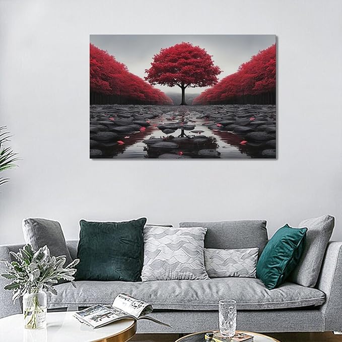 Black And Red Tree Wall Art Zen Stone Canvas Prints Pictures Large Red Tree Forest Landscape Wall Decor Modern Framed Artwork for Living Room Bedroom Office Spa Yoga 24"x16"
