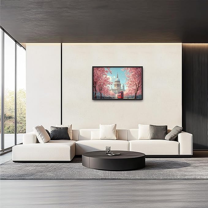 London Paul’s Cathedral Large Wall Art Cityscape Cherry Blossom Pictures Wall Decor Street Scene Canvas Spring Print Painting Modern Artwork Home Decoration for Living Room Bathroom Bedroom Office Framed 36"x24"