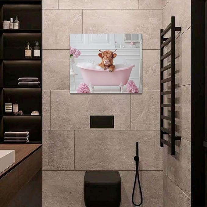Bathroom Cow Wall Art Highland Cow Wall Decor Pink Pictures Canvas Painting Framed Artwork Home Decorations for Toilet Lavatory Living Room Bedroom 20"x16"