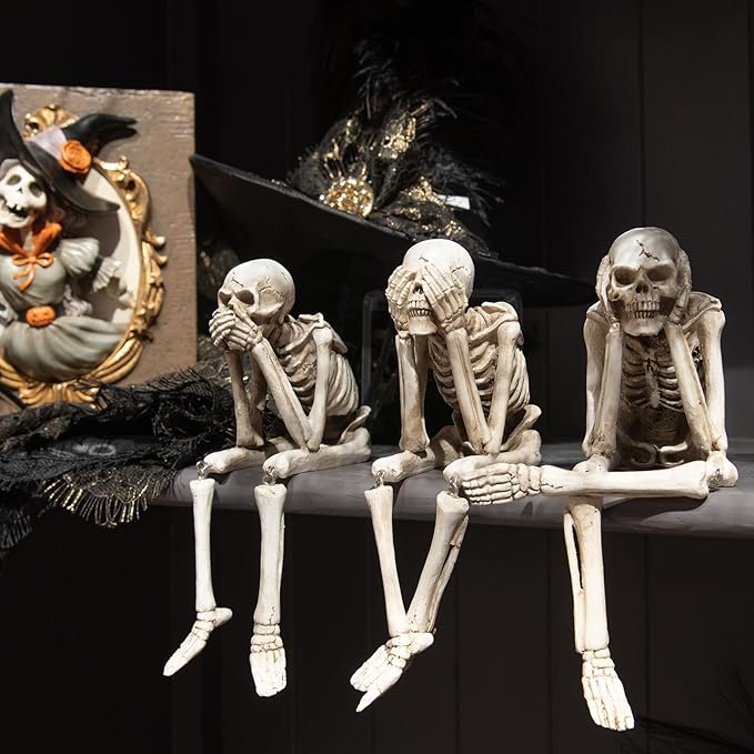 Newman House Studio Halloween Statues No-Evil Skeleton Collectible-Figurines - Realistic Skull Decorations See Speak Hear No Evil Home Decor Set of 3, 2.3L x 4W x 4.3H inch