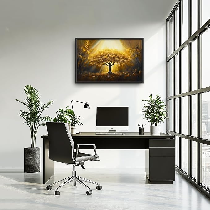 SweetFox Extra Large Tree of Life Framed Wall Art for Living Room, Golden Tree Forest Pictures Oversized Wall Decor Abstract Canvas Painting Print Artwork for Bathroom Master Bedroom 36L X 24W