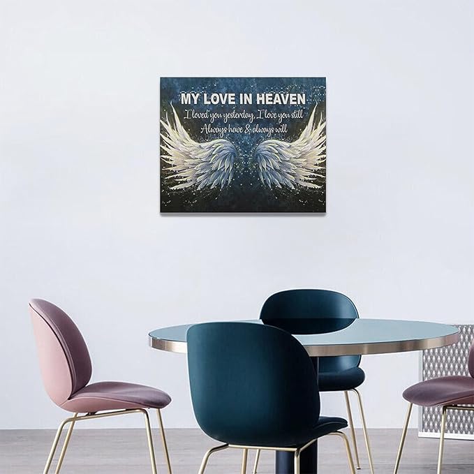 Fleruku Angel Wings Wall Art Memorial Motivational Wall Decor Wings My Love In Heaven Pictures Canvas Painting Artwork Home Decorations for Living Room Bedroom Bathroom Office 20"x16"