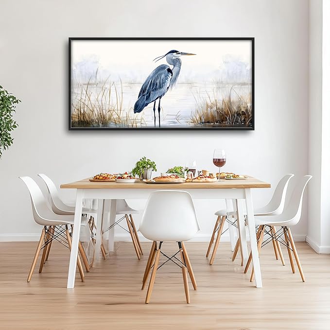 Heron Wall Art Blue Bird Pictures Wall Decor Chinoiserie Coastal Extra Large Canvas Prints Framed Artwork Paintings Home Office Decorations For Living Room Bedroom Dinning Room 60"x30"