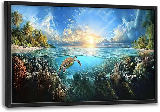 SweetFox Extra Large Ocean Turtle Framed Wall Art for Living Room, Coastal Beach Sea Turtle Pictures Oversized Wall Decor Abstract Big Canvas Painting Print Artworks for Bathroom Bedroom 36L X 24W