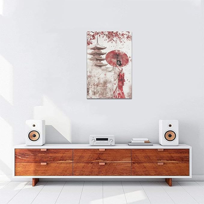 Japan Wall Art Japanese Geisha Wall Decor Cherry Blossoms Farmhouse Japan Pictures Canvas Painting Artwork Home Decorations for Living Room Bedroom Bathroom Office Classroom 16"x24"