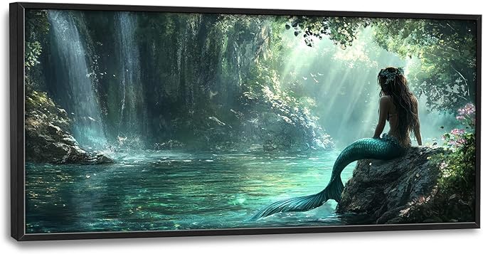 Mermaid Extra Large Wall Art Forest Waterfall Mermaid Pictures Wall Decor Cabin Canvas Prints Painting Oversize Framed Artwork Home Decoration Above Bed for Bedroom Bathroom Living Room 60"x30"