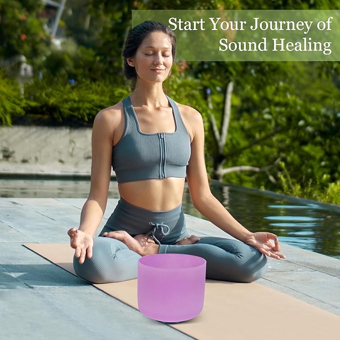 432HZ 8 Inchs B Note Purple Frosted Crystal Singing Bowl for Meditation Healing Yoga Chakra Quartz Crystal Sound Bowls with Heavy Duty Carry Case and Rubber Mallet,Suede Striker,O-ring