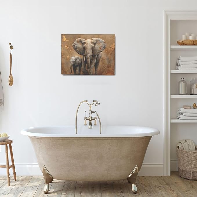 Elephant Wall Art African Animal Pictures Elephant Family Canvas Painting Decoration Artwork Framed Wall Decor Gifts for Women Girl Living Room Kids Bedroom 12"x16"