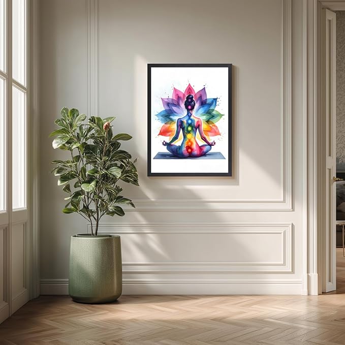 GELDSTEI Wood Framed Zen Wall Art, Chakra Yoga Wall Decor, Colorful Meditation Poster Print, Spiritual Canvas Painting, Vibrant Meditating Woman Aesthetic Picture for Living Room Yoga Studio 12"x16"