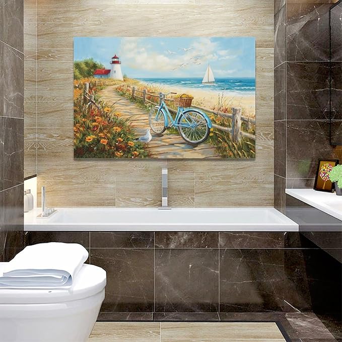 Olivine Coastal Wall Art, Beach Bicycle Pictures Wall Decor, Lighthouse Painting, Ocean Seascape Canvas Prints, Framed Artwork for Living Room Bedroom Bathroom Kitchen Office Home Decoration 24"x16"