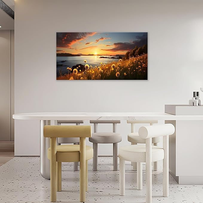 Dandelion Painting Wall Art Dandelion Landscape Pictures Wall Decor Flower Sunset Large Canvas Prints Modern Framed Artwork Home Decorations Above Bed for Living Room Dining Room Bedroom 60"x30"