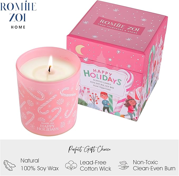 Christmas Scented Jar Candle - 6oz Soy Wax Candle - Happy Holidays Infused with Peppermint Aroma - with Beautiful Keepsake Box Special for Christmas/Holiday Gifts