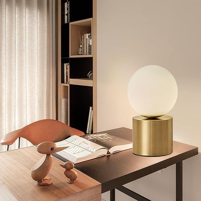 Mid Century Modern Table lamp Luxury Gold Bedroom Bedside Night Light White Glass Globe Table Lamp for Bedroom Living Room and Office