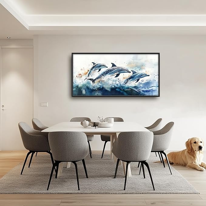 SweetFox Extra Large Watercolor Dolphin Framed Wall Art for Living Room,Ocean Dolphin Pictures Oversized Wall Decor Abstract Canvas Painting Print Artwork for Bathroom Master Bedroom 60L X 30W