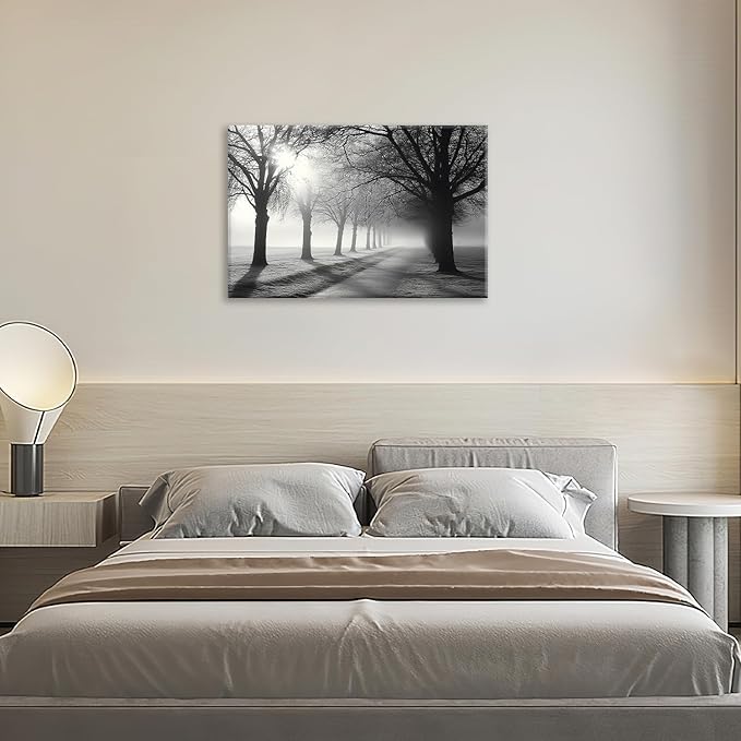 Olivine Tree Wall Art, Black And White Pictures Wall Decor, Mist Forest Painting Nature Lanscape Canvas Prints, Framed Artwork for Bathroom Bedroom Living Room Kitchen Office Home Decoration 24"x16"