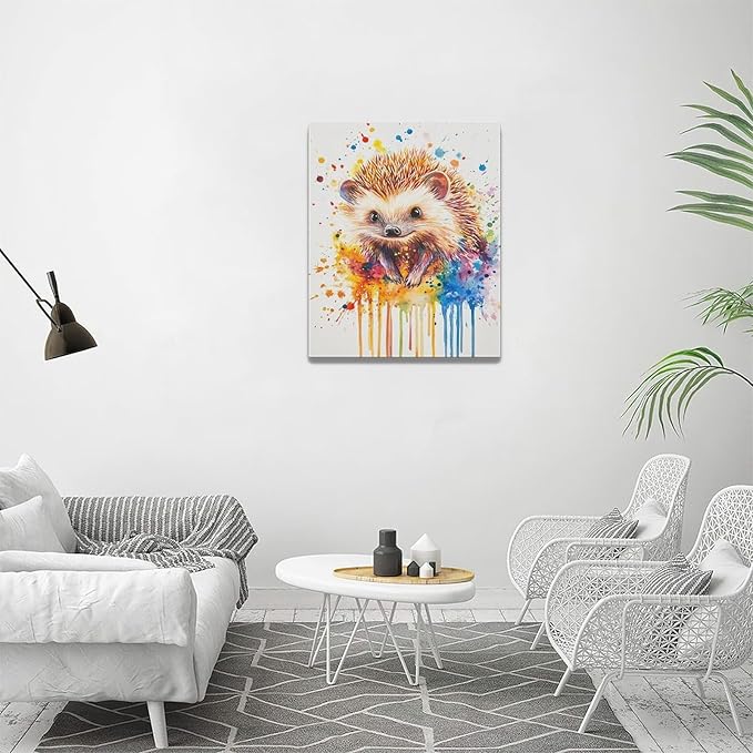 Fleruku Watercolor Hedgehog Wall Art Colorful Hedgehog Wall Decor Cute Animal Pictures Canvas Painting Artwork Home Decorations for Living Room Bedroom Bathroom Office Nursery Classroom 16"x20"