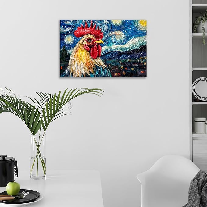 Olivine Rooster Wall Art, Vintage Chicken Pictures Wall Decor, Starry Night Painting Farmhouse Rooster Canvas Prints, Framed Artwork for Bathroom Bedroom Living Room Office Home Decoration 24"x16"