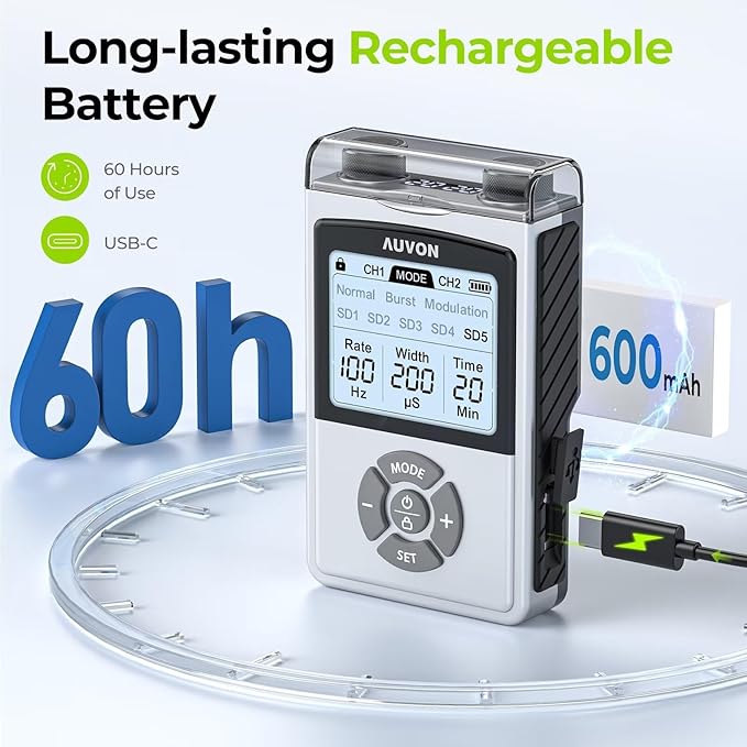 AUVON Rechargeable TENS Unit Muscle Stimulator for Back Pain Relief, 600 mAh Battery TENS Machine with 8 Customizable Modes, Stim Machine for Shoulder & Neck Pain Relief, Nerve Pain Relief, 4 Pads