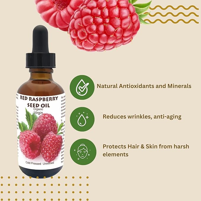Best Nature's Cosmetics Red Raspberry Seed Oil – 100% Pure, Organic, Cold-Pressed – Natural Face & Hair Moisturizer – Rich in Vitamin E, Omega 3 – Anti-Aging Skincare – 1 fl oz / 30 ml