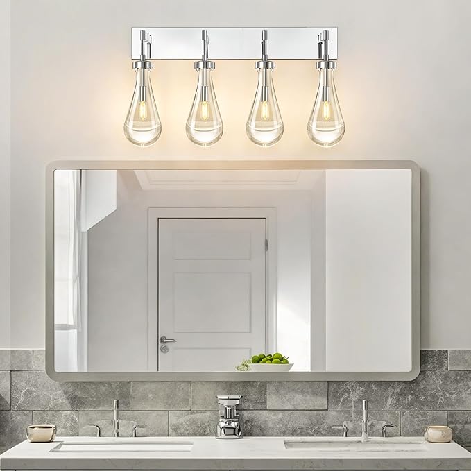 Raindrop Wall Sconces Chrome Crystal Sconces Wall Decor Modern Brass Lighting Glass Bathroom Sconces Indoor Vanity Light Wall Lamp for Bedroom Living Room Stair(4-Light)