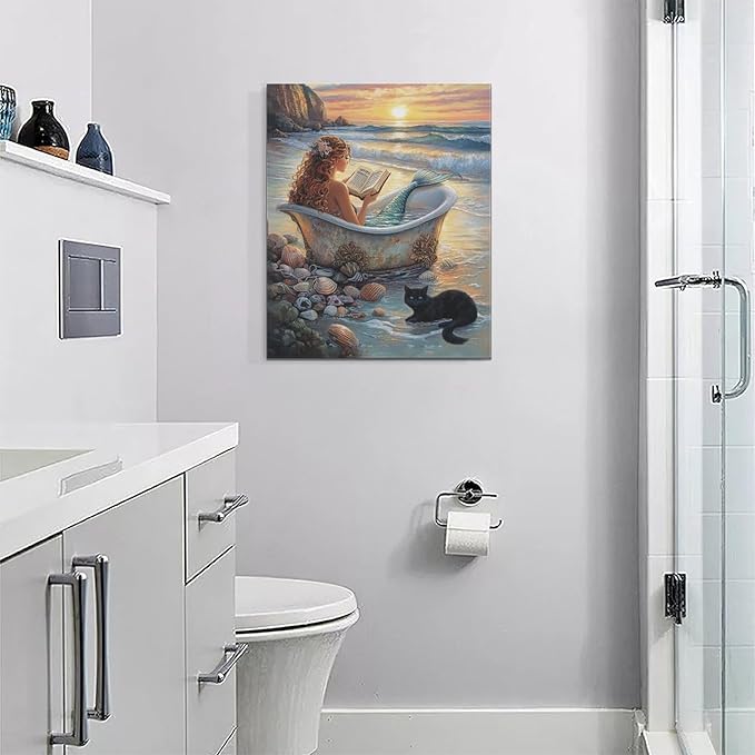 Mermaid Wall Art Beach Coastal Nautical Wall Decor Sunset Cat Pictures Canvas Painting Framed Artwork Home Decorations for Bathroom Living Room Bedroom Office 16"x20"