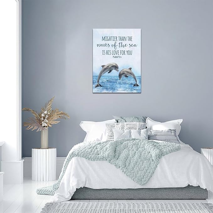 Dolphin Bathroom Decor Wall Art Ocean Coastal Wall Decor Scripture Canvas Bible Verse Prints Painting Framed Artwork for Bathroom living room Bedroom 12"x16"