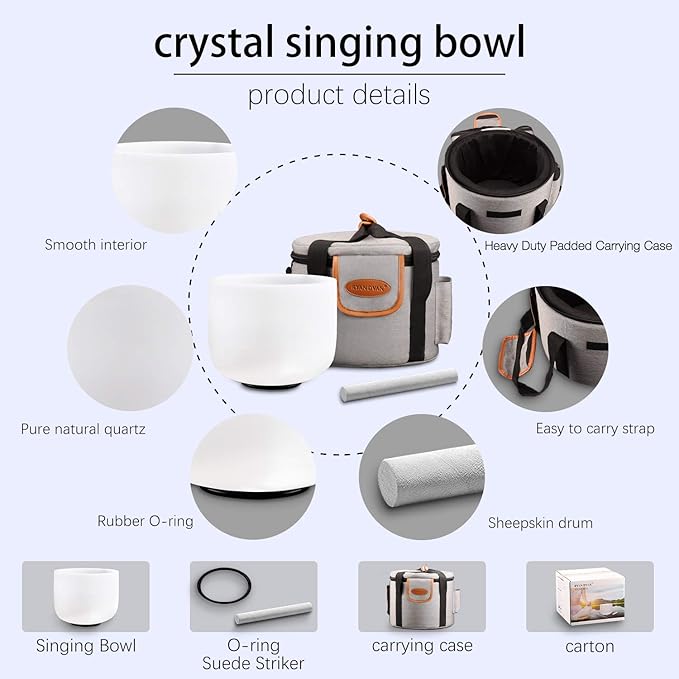 RYAN DVAN 8” E Note Frosted Solar Plexus Chakra Crystal Singing Bowl with Free Heavy-Duty Carrying Case and Suede Striker O-Ring