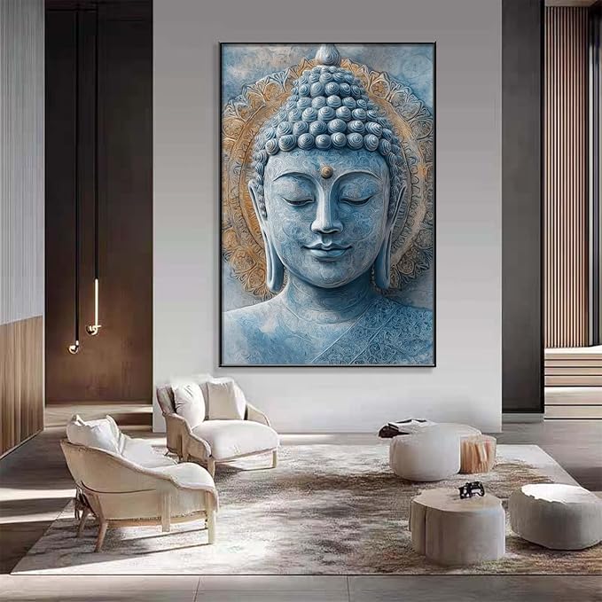 Xoxuldzhg Blue Buddha Painting Wall Art, Buddha Head Art Print, Mandala Wall Decor, Zen Canvas Art, Meditation Wall Decor, Religious Wall Art, Yoga Room Decor (Black Framed, 24"Wx36"H/62x92cm)