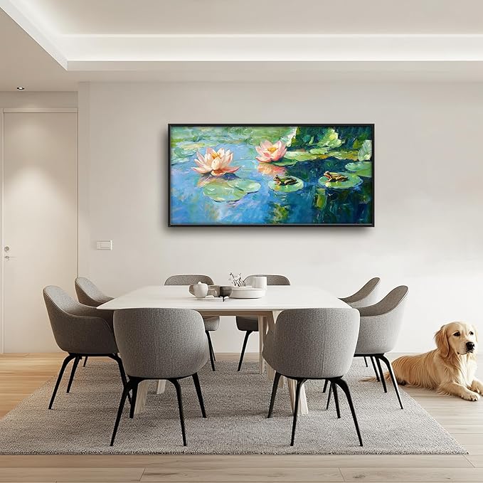 SweetFox Extra Large Frog Lilly Framed Wall Art for Living Room, Colorful Lotus Pictures Oversized Wall Decor Abstract Big Canvas Painting Print Home Artworks for Bathroom Master Bedroom 60L X 30W