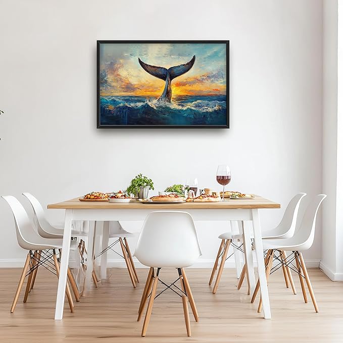 SweetFox Extra Large Whale Tail Framed Wall Art for Living Room, Coastal Ocean Whale Pictures Oversized Wall Decor Abstract Big Canvas Painting Print Artworks for Bathroom Master Bedroom 36L X 24W