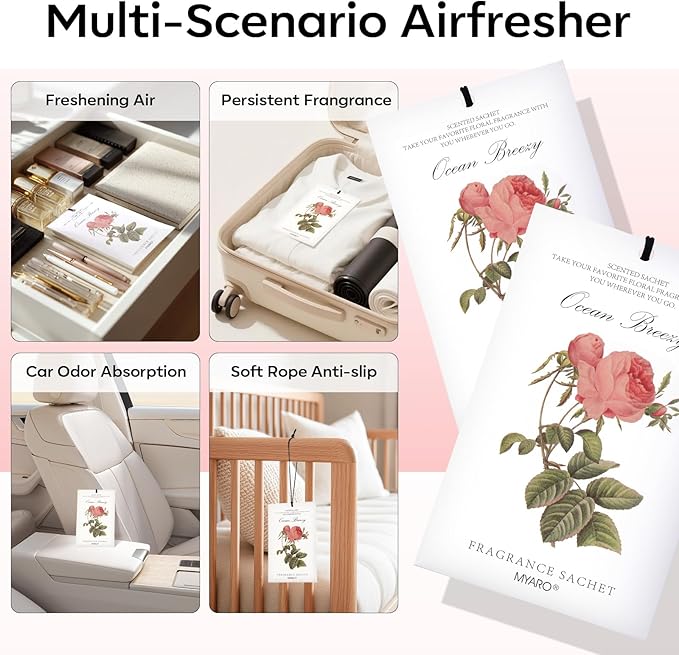 MYARO 12 Rose Sachets for Drawers and Closets, Long-Lasting Sachets Bags Drawer deodorizers Closet Scents Air FreshenerFresh Scents, Home Fragrance for Lover