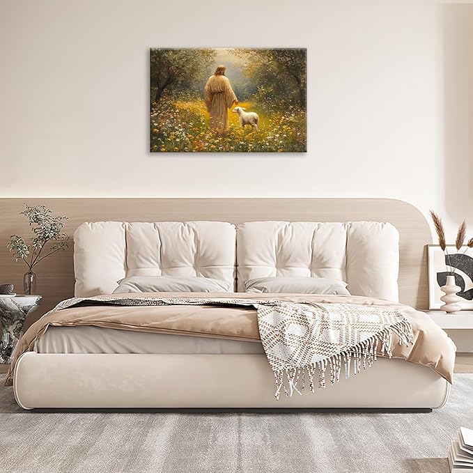 Olivine Christian Wall Art, Jesus Pictures Wall Decor, Lamb Painting, The Lost Sheep Canvas Prints, Framed Artwork for Kitchen Bathroom Bedroom Living Room Office Home Decoration 24"x16"