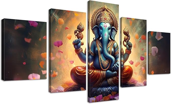 Ganesha Indian Wall Decor Large 5 Pieces Lord Hindu Elephant Photo Picture Canvas Prints Paintings for Living Room Meditation Room Framed Decorations (60" W x 32" H)